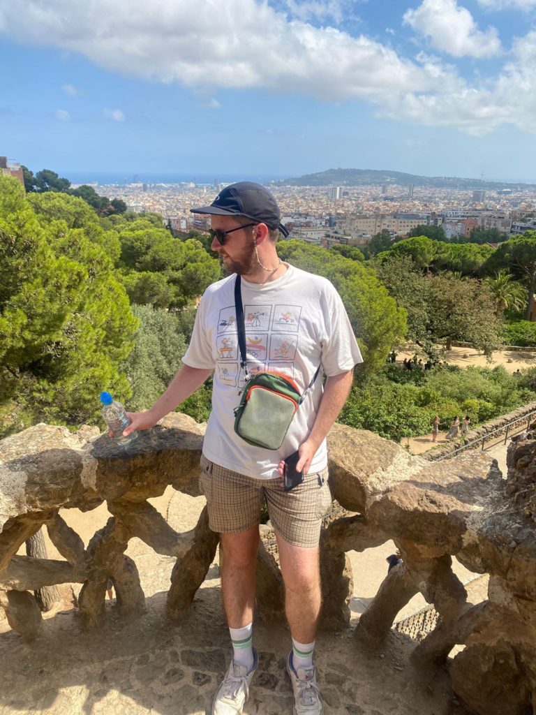A photo of me with a view of Barcelona in the background.